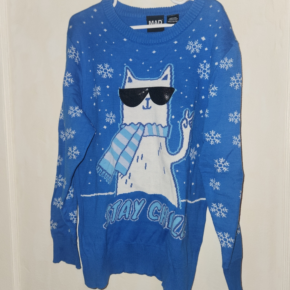 MAD Engine Blue Cat Sweater with Snowflakes